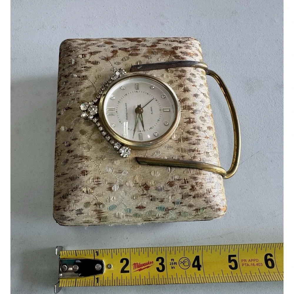 Vtg Phinney-Walker German Rhinestone Purse Jewelry Box Working Alarm Clock TubX